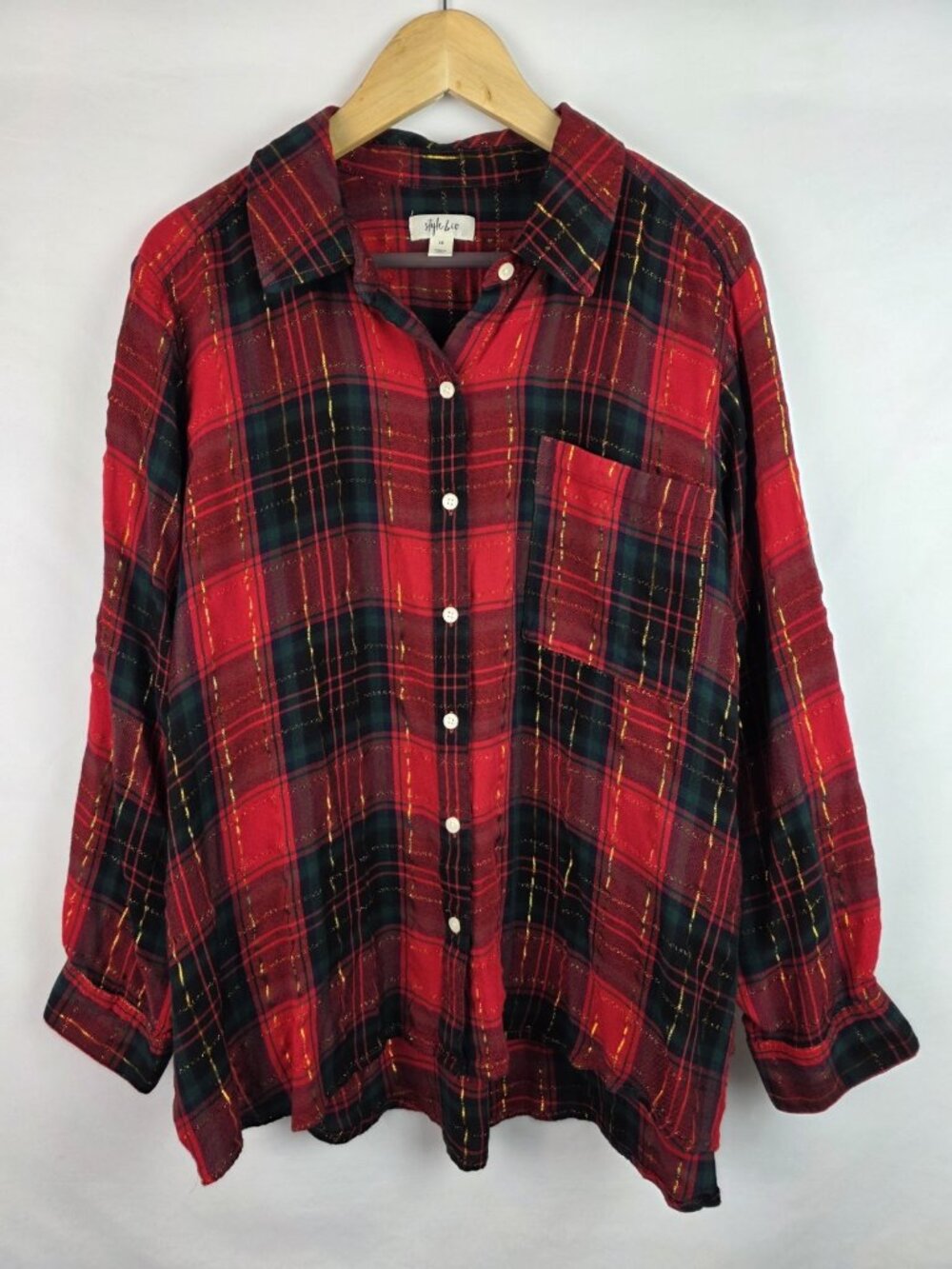 Style & Co Women's Shirt Plus Size 3X Red Plaid Gold Shimmer Long Sleeve Top